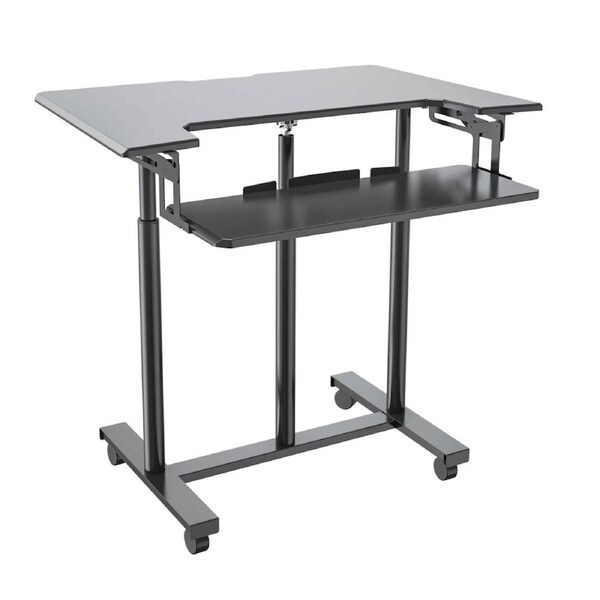 P&P Mobile Sit-Stand Desk With Gas Spring Adjustment, Lockable Wheels And Moveable Keyboard Tray