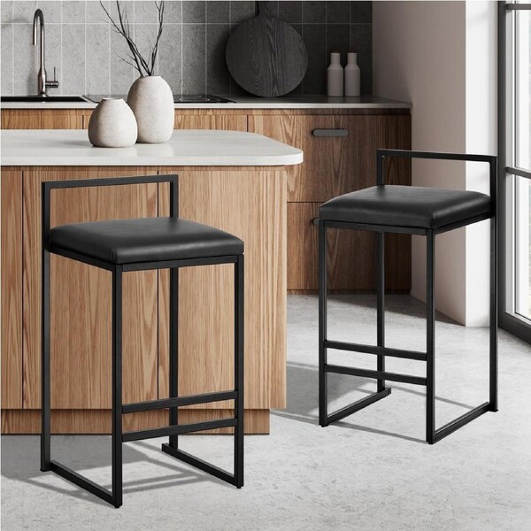 Oikiture 2x Bar Stools Kitchen Stool Metal Counter Chair Barstools Black Leather