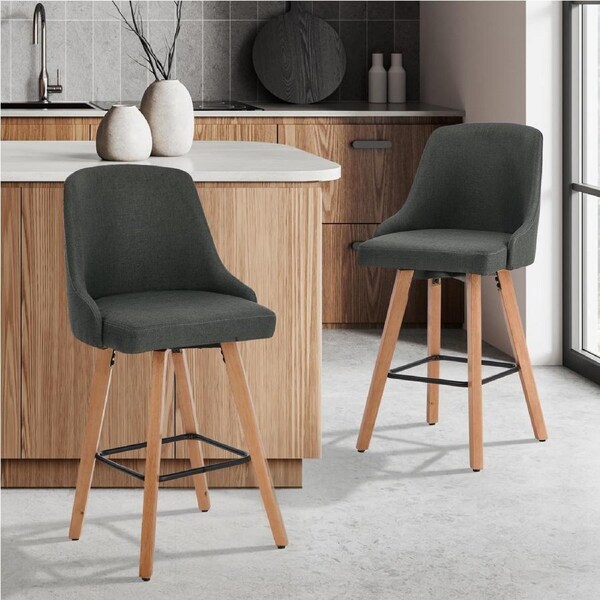 Oikiture 2x Bar Stools Kitchen Dining Chairs Swivel Wooden Stool Linen Grey