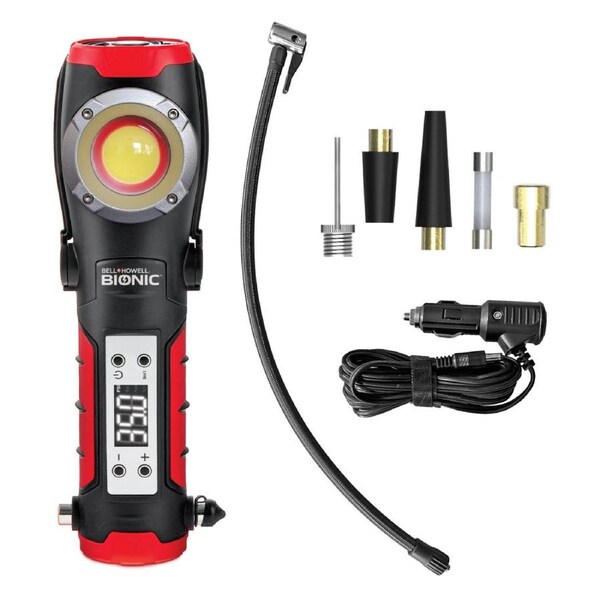 BIONIC RESCUE Car Tire Inflator Portable Air Compressor with Work Light & Window Breaker, Air Pump with Pressure Gauge, LED Work Light, Emergency Lights for Vehicles, Rechargeable, 4 Nozzles