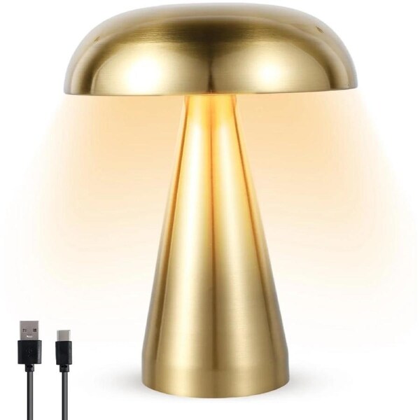 Cordless Rechargeable Mushroom Table Lamp, Modern Iron Desk Lamp, 3-Color Dimmable USB Night Light for Bedroom Living Room