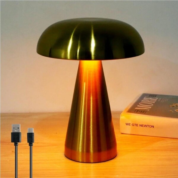 Cordless Rechargeable Mushroom Table Lamp, Modern Iron Desk Lamp, 3-Color Dimmable USB Night Light for Bedroom Living Room