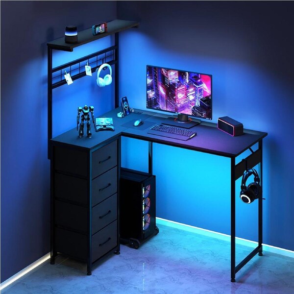 110x80cm L Shaped Computer Desk with LED Lights & Power Outlets & Drawers
