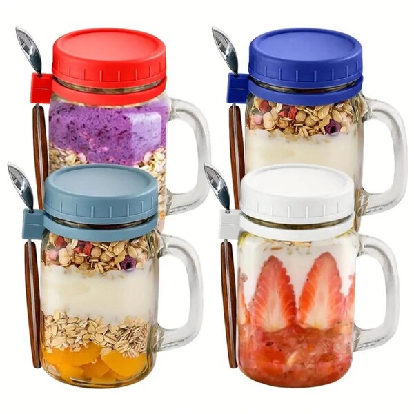 4PCS Overnight Oats Jars Airtight Oat Container 480ML with Mark lines Spoon Lid