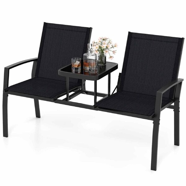 Costway Patio Loveseat Chair w/Table 2 Seat Outdoor Furniture Metal Frame Garden Bench Conversation Set Lounge