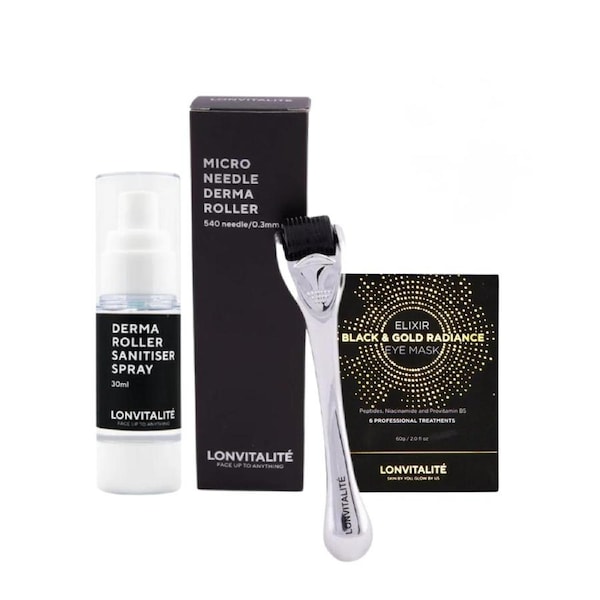 Lonvitalite Black & Gold Eye Masks & Derma Roller Bundle