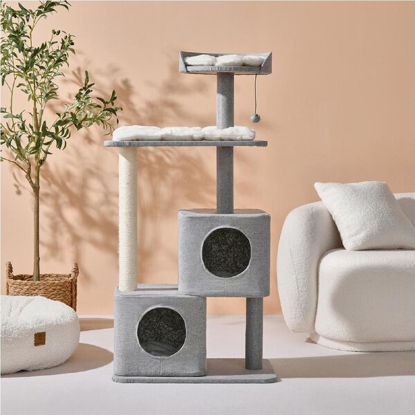 Charlie's Wabi Sabi Double Cubby Cat Tree Scratcher in Faux Linen Grey