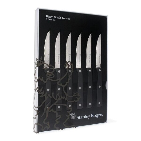 6x Stanley Rogers Steak Knives Set - Stainless Steel Serrated Blades Meat Dinner - Gift Box