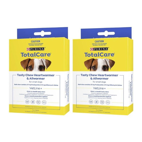 Purina Total Care Tasty Chew Heartworm & Allwormer Small Dogs 4–11kg – 2 Packs (6 Chews Total)