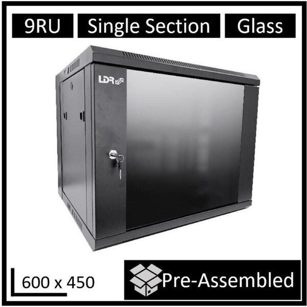 LDR Assembled 9U Wall Mount Cabinet (600mm x 450mm) Glass Door - Black Metal Construction - Top Fan Vents - Side Access Panels