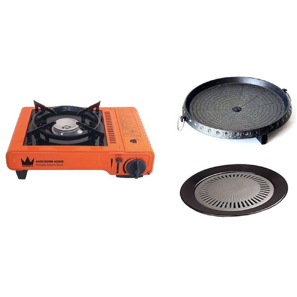 Auscrown Portable Gas Stove Butane Cooker + 33cm BBQ Plate + 32cm Korean BBQ Grill Plate