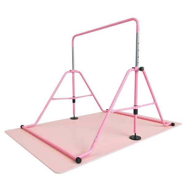 Kids Gymnastics Bar Training Climbing Frame Playground Home Gym Workout Horizontal Sports Monkey Kip Height Adjustable Folding Expandable Pink TPE Mat