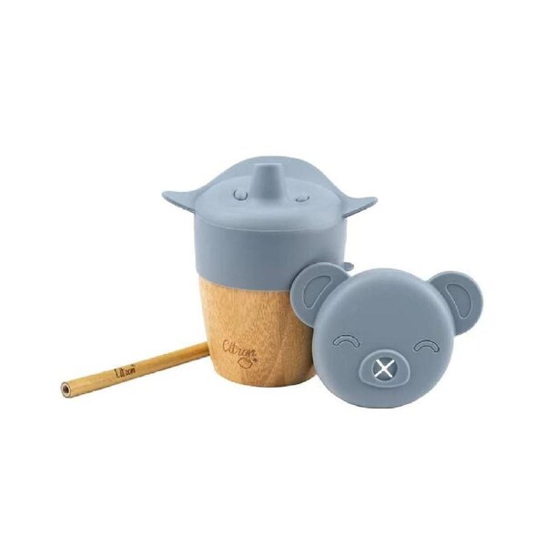 Citron Bamboo Cup With 2 Lids + Straw - Dusty Blue