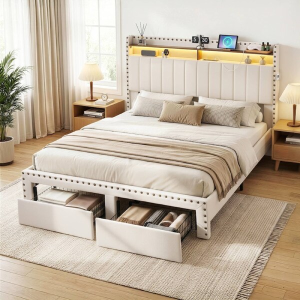 Artiss Queen Bed Frame with Shelf Storage Drawers Charging Station Mood Lighting Linen