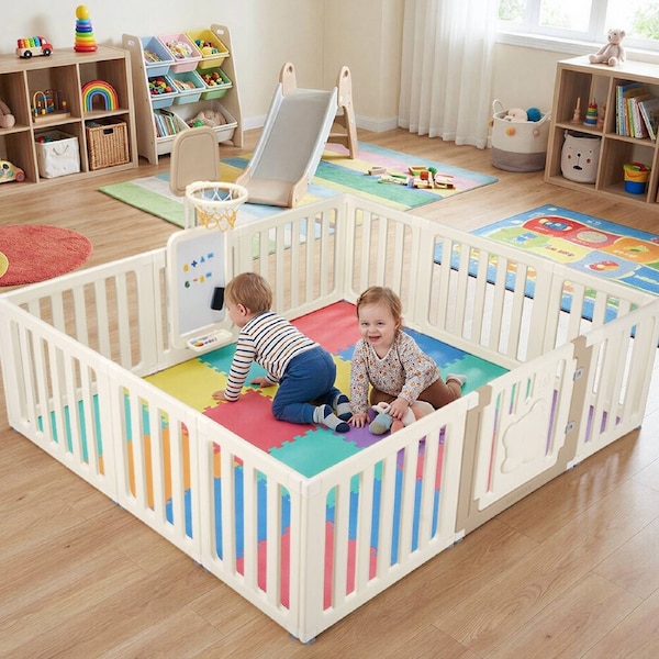 Playpals Kids Playpen 12 Panels Safety Gate with Drawing Whiteboard Play Game