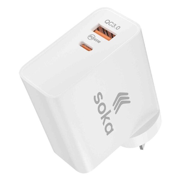 Soka 65W Gan3 Fast Wall Charger Adapter [USB C + USB A] - White