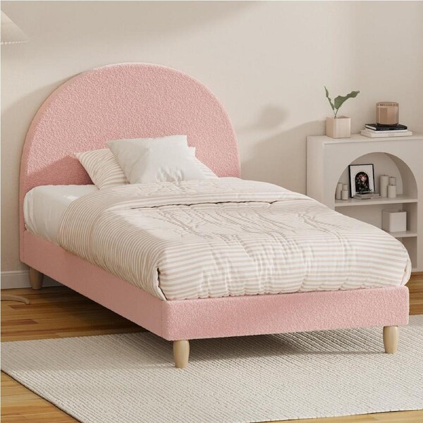 Oikiture Bed Frame Single Size Bed Platform Arched Bedhead Pink Boucle