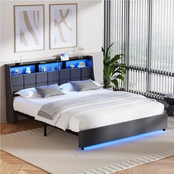 Oikiture Metal Bed Frame King Storage Headboard LED Lights USB Charge Linen Grey
