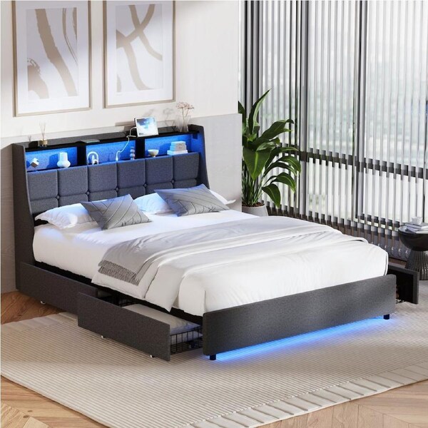 Oikiture Metal Bed Frame Queen Size LED Headboard with 4 Drawers USB Charging Linen Grey
