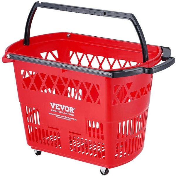 Shopping Baskets, 6PCS, 39L Shopping Carts with Handles, Plastic Rolling Shopping Basket with Wheels, Large Portable Shopping Basket Set for Supermarkets, Retail Stores, Grocery Shopping, Red