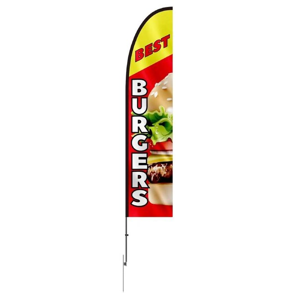 Burger Restaurant Advertising Feather Flag with Pole Kit, Advertising Flags for Business Outside, Includes 1 Banner Flag, 1 Pole, 1 Ground Stake, Swooper Flag for Businesses 16.3 FT