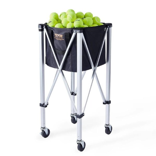 Foldable Tennis Ball Hopper, Holds 180 Tennis Balls, Lightweight Aluminum Alloy Tennis Ball Basket Cart with Wheels, Removable Bag, Carry Bag, Portable Sports Teaching Cart for Tennis Player