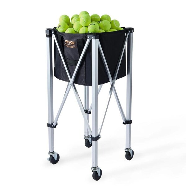 Foldable Tennis Ball Hopper, Holds 150 Tennis Balls, Lightweight Aluminum Alloy Tennis Ball Basket Cart with Wheels, Removable Bag, Carry Bag, Portable Sports Teaching Cart for Tennis Player