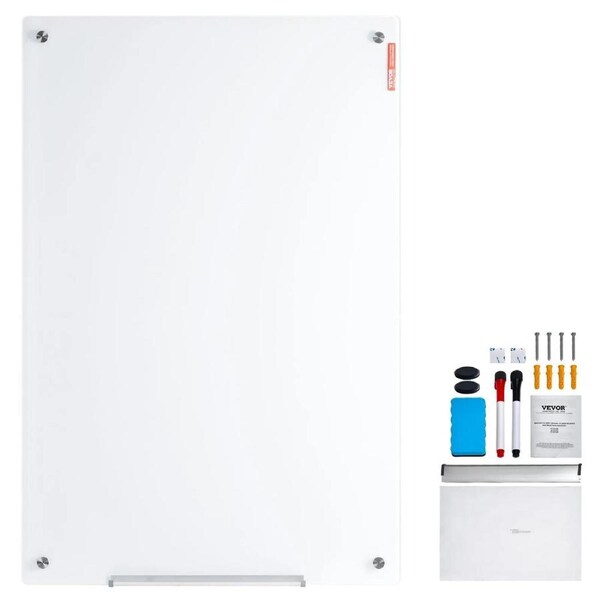 Magnetic Glass Whiteboard, Dry Erase Board 48x32, Wall-Mounted Large White Glassboard Frameless, with Marker Tray, an Eraser and 2 Markers, White