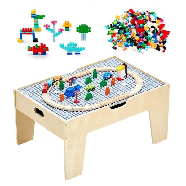 Multi-Purpose Activity Play Table, 290 Building Bricks and 30-Piece Wooden Train Set Railway, Vehicles, Tracks and Accessories, Wooden Kids Activity Table with Storage Area for Kids Ages 3+