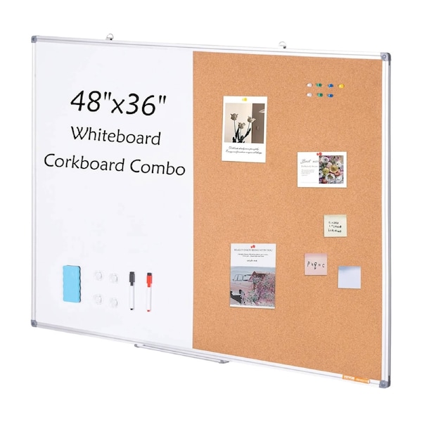 48x 36 Whiteboard & Cork Board Combo with Aluminum Frame 2-in-1 Magnetic Dry Erase Bulletin Board for Wall Mount Ideal for School, Home, Office