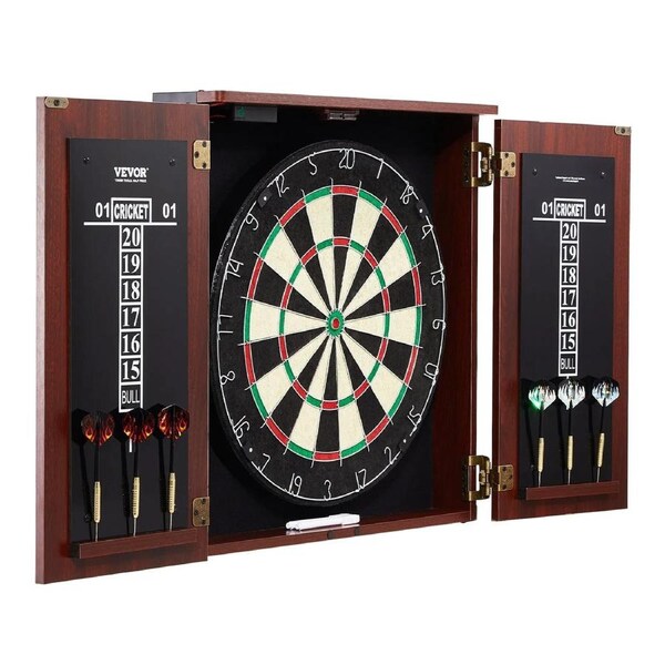 Dartboard and Cabinet Set, Ready-to-Play Bundle Official Size Dartboard Cabinet, Steel Tip Dart Hideaway Cabinet, Features LED Light, Easy Assembly, Complete with All Accessory, for Cricket Game