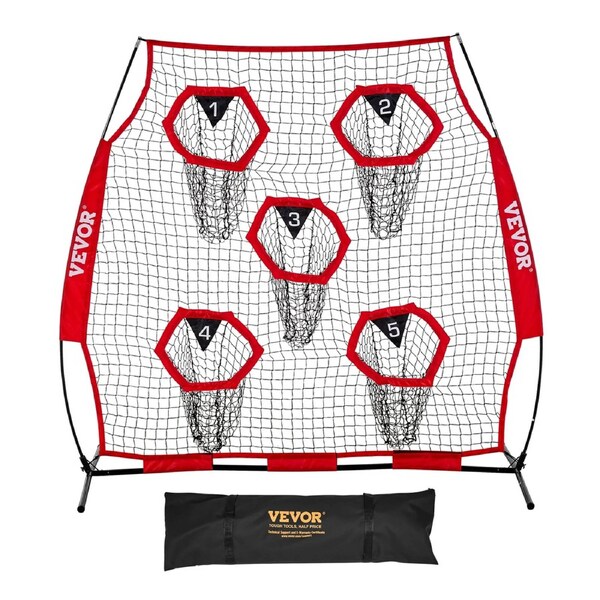1828.8x1828.8mm Football Trainer Throwing Net, Training Throwing Target Practice Net with 5 Target Pockets, Knotless Net Includes Straps and Portable Carry Case, Improve QB Throwing Accuracy,Red