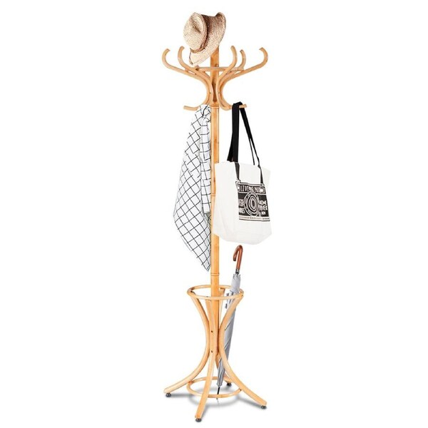 Costway 12 Hook Hat Rack & Wood Coat Clothes Stand Storage Tree Shelf for Living Room Bedroom, Natural