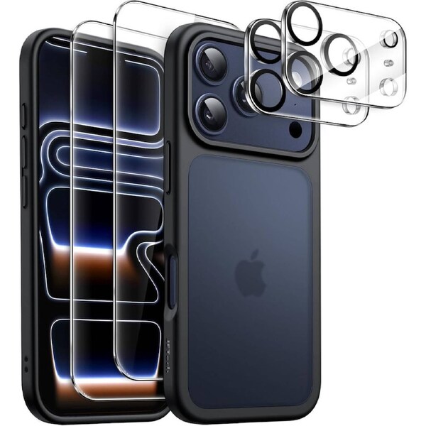 JETech 5 in 1 Matte Case for iPhone 17 Pro Max 6.9-Inch with 2-Pack Each Tempered Glass Screen Protector and Camera Lens Protector, Translucent Back Shockproof Phone Cover (Black)