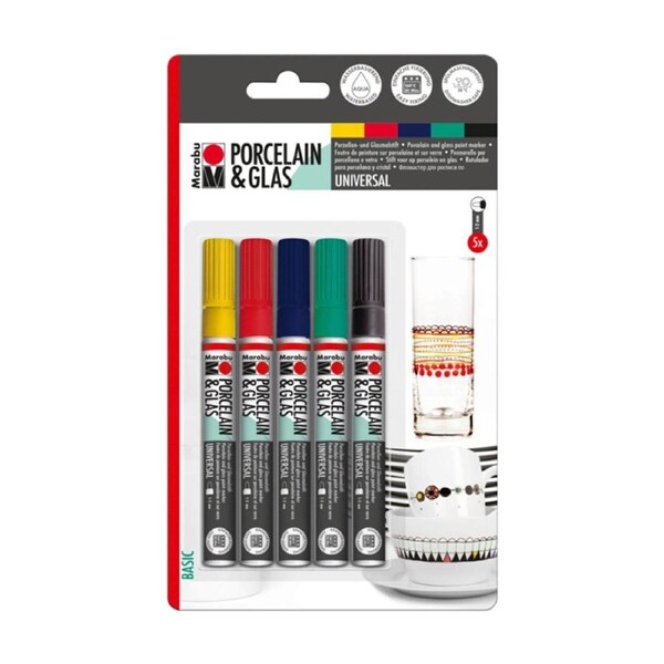5pc Marabu Art/Craft Porcelain & Glass Painter Multicolour Marker Set Basic
