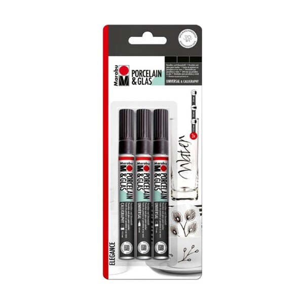 3pc Marabu Porcelain & Glass Painter Universal/Calligraphy Marker Set Black