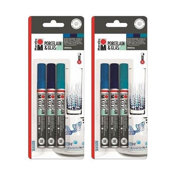 2x 3pc Marabu Art/Craft Porcelain & Glass Painter Marker Set Seaside