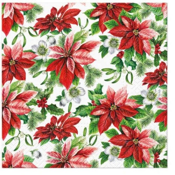 20pc Paw Paper Napkins 3 Ply Christmas Glory Poinsettia 33x33cm Eco Friendly