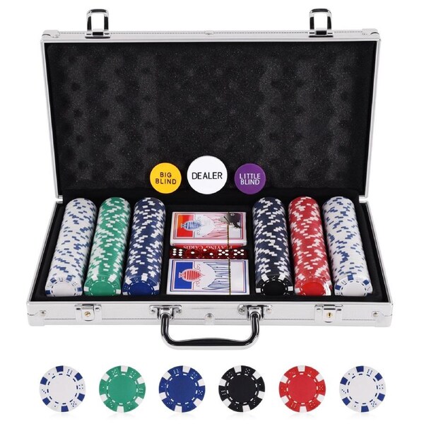 Advwin Poker Chips Set 300pcs, Aluminum Case with 2 Decks, 5 Dice, 3 Dealer Buttons & Felt Mat for Texas Holdem Blackjack Gambling