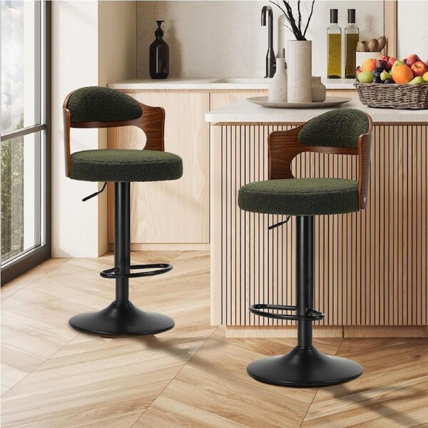 Oikiture 2x Bar Stools Swivel Kitchen Bar Chairs Gas Lift Stools Green Boucle