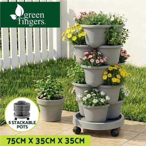 Green Fingers 5 Tier Vertical Garden Planter Movable Stackable Strawberry Pots with 4 Wheels Grey