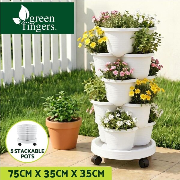 Green Fingers 5 Tier Vertical Garden Planter Movable Stackable Strawberry Pots with Wheels White