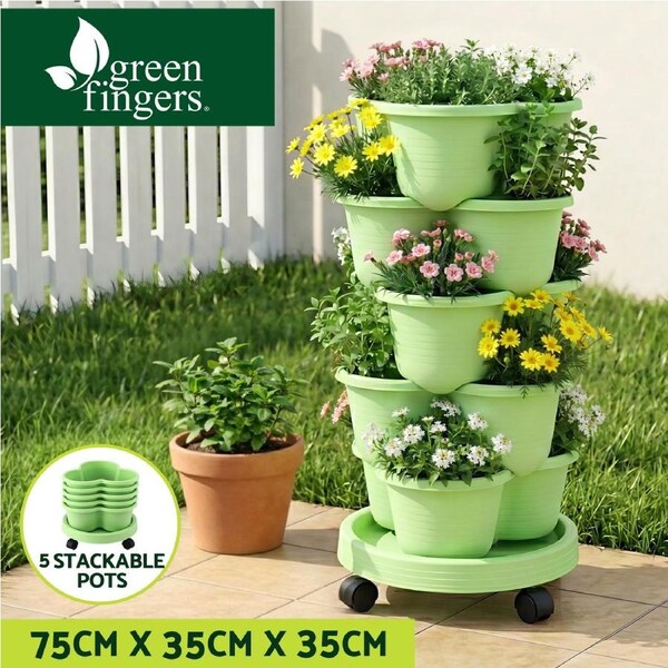 Green Fingers 5 Tier Vertical Garden Planter Movable Stackable Strawberry Pots with Wheels Green