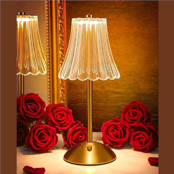 Vintage Flower Lamp, Bedside Small Table Light, 3 Colors Nightstand Light, 1200mAh Rechargeable Cordless for Home Decor, Bedroom, Living Room