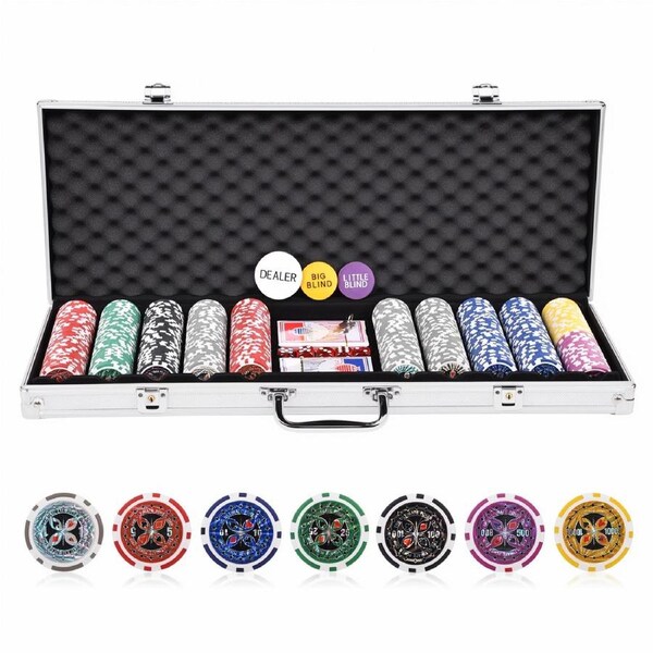 Advwin 500PCS Poker Chips Set, Poker Set with Denominations, Aluminum Case, 2 Decks, 5 Dice, Dealer Buttons & Layout Mat for Texas Hold'em, Blackjack, Family Games