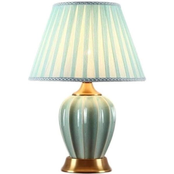 Lamp Table Light Nightstand Lamp Copper Ceramic Bedside Lamp Simple Decorative Nightstand Lamp Pleated Linen Lampshade Decoration for Bedroom Table Lamps for Bedroom Lamp (C-Push Button Switch)