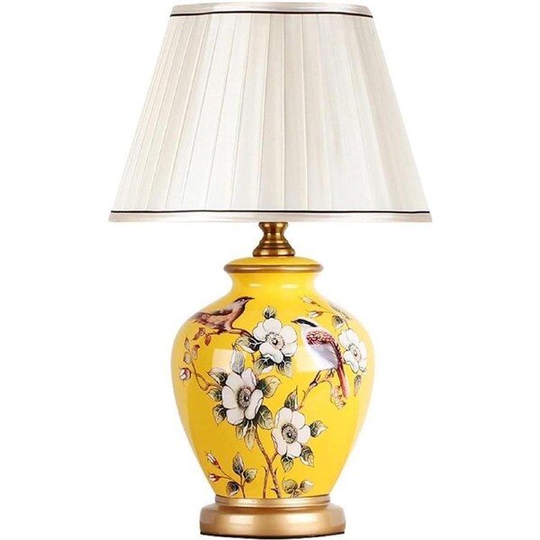 VELOCITY Lamp 18” Chinoserie Table Lamp Flowers and Birds Ceramic Table Lamp Floral Classic Fabric Lampshade with E27 Base Desk Lamp for Bedroom Living Room Office College Bookcase Lam