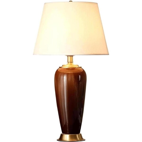Lamp Table Light Nightstand Lamp Ceramic Table Lamp Fabric Lampshade Bedside Lamp Copper Base American Nightstand Lamp for Bedroom Living Room Table Lamps for Bedroom Lamp (Bruin-Button Switch)