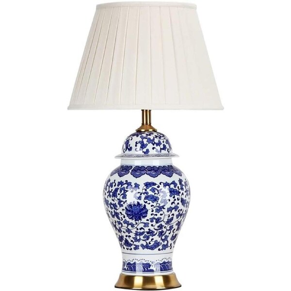 VELOCITY Classical Ginger Jar Lamp for Living Room,Fabric Barrel Shape Shade for Table Lamp,Blue and White Tall Bedside Lamp,Ceramic Lamp for Nightstand 29.5 Inches