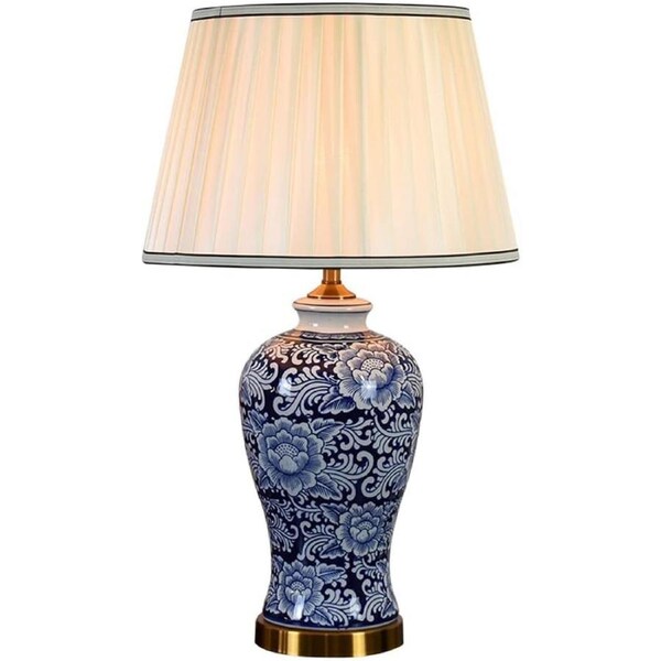 VELOCITY 25.6" Traditional Cottage Table Lamp for Bedroom,Living Room Decor Ginger Jar Lamp with Ivory Lamp Shade,Blue Ceramic Nightstand Lamp